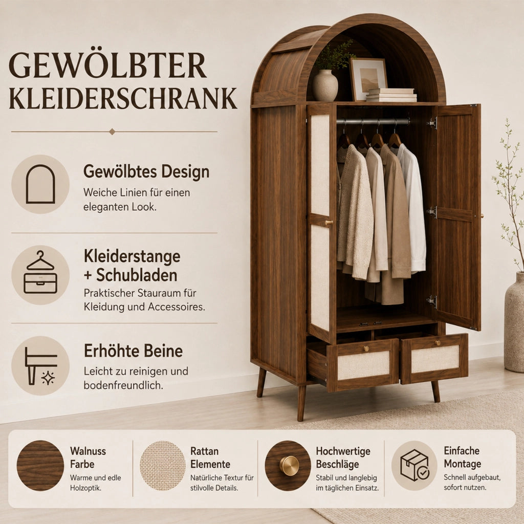 Armadio 2 ante e 2 cassetti con asta appendiabiti e nicchia aperta; design ad arco; MDF; noce e beige; 80 × 55 × 180 cm