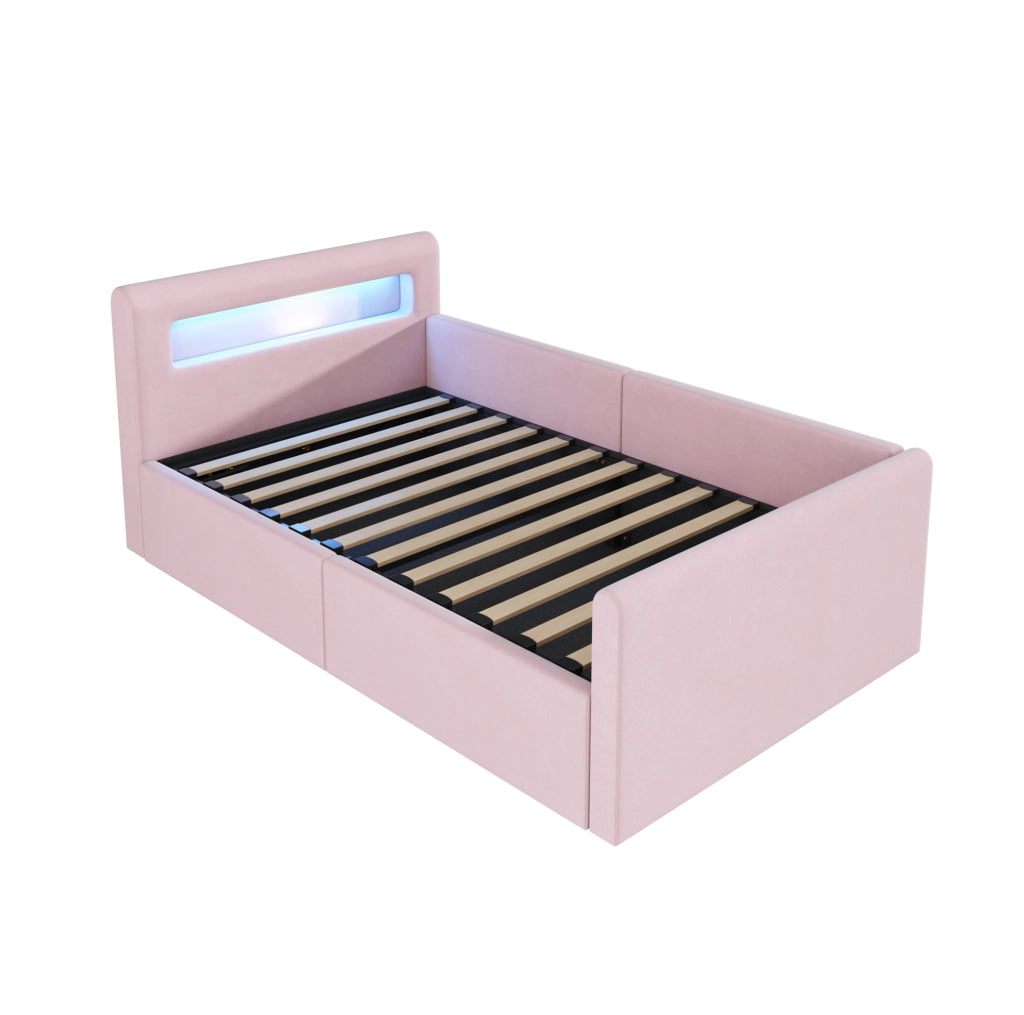 Letto imbottito per bambini 90x200 cm con LED; USB; contenitore idraulico; velluto rosa