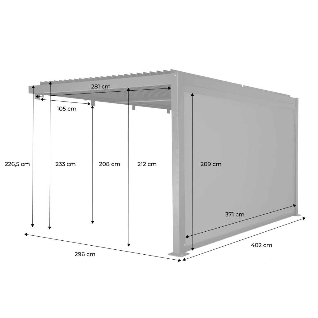 Pergola bioclimatica in alluminio addossata 4x3m + 1 tenda 4m ,