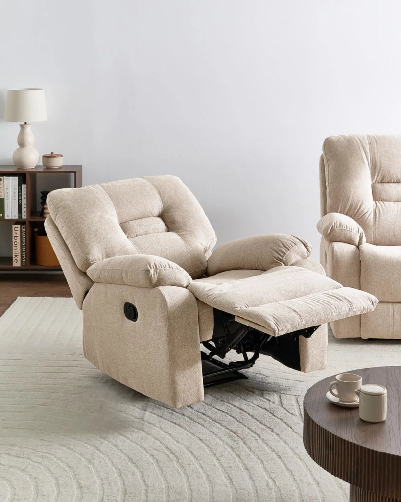 Poltrona reclinabile in tessuto beige Push-Back Schienale e poggiapiedi regolabili manualmente