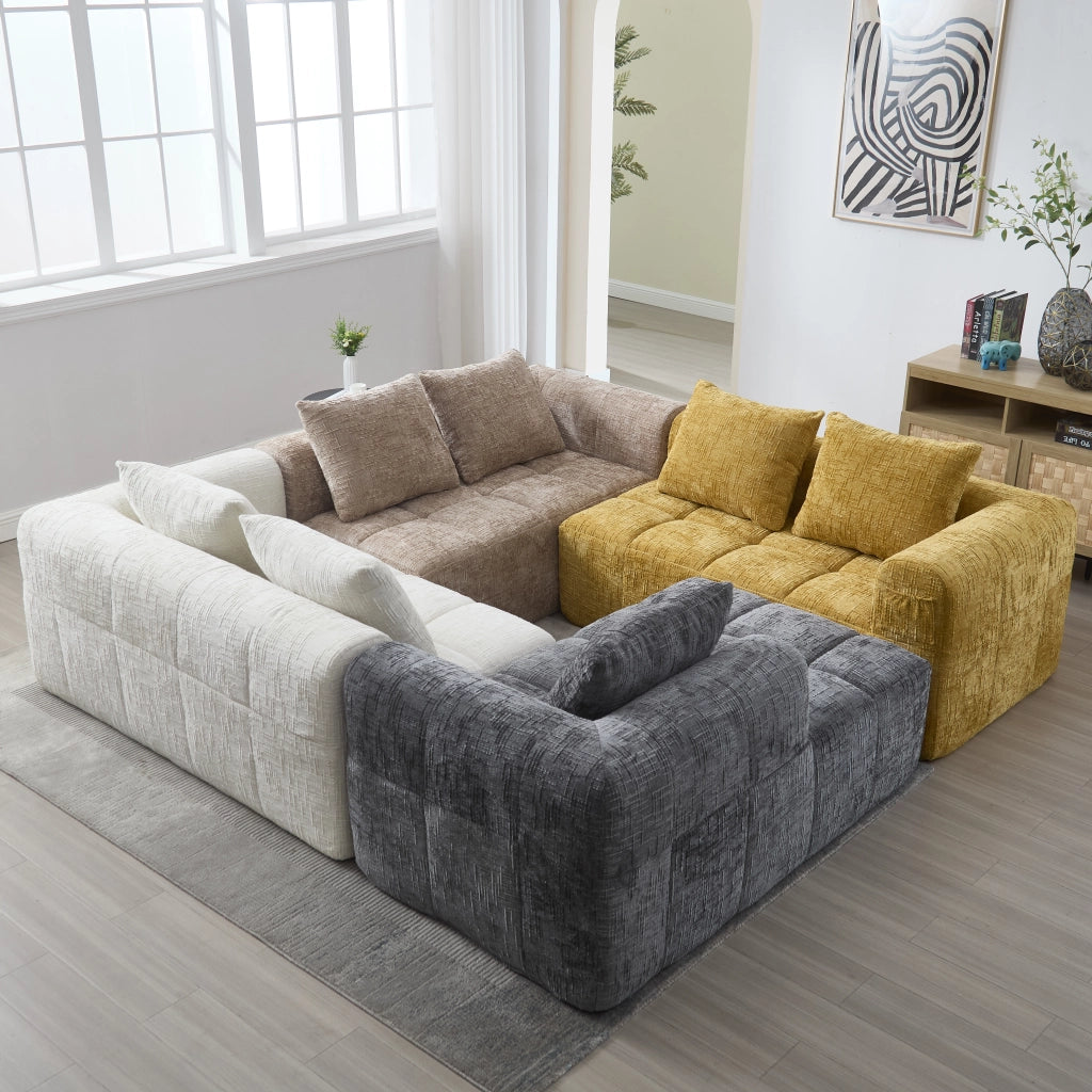 OKWISH Divano con Chaise Longue Reversibile 3 Posti, Modulare senza Montaggio con Tasche Laterali e 3 Cuscini, Ciniglia, Cachi