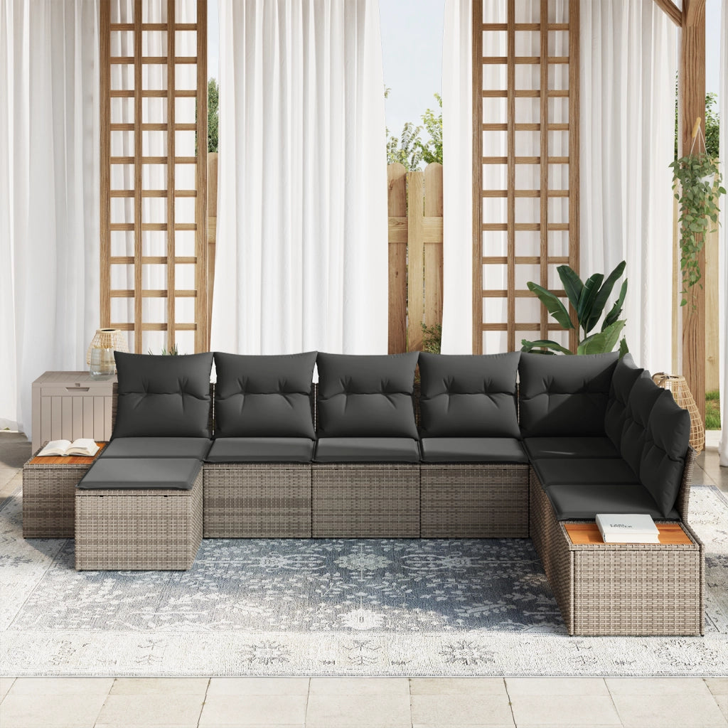 Set di divani da giardino da 8 pezzi con cuscini grigi in polyrattan e acacia