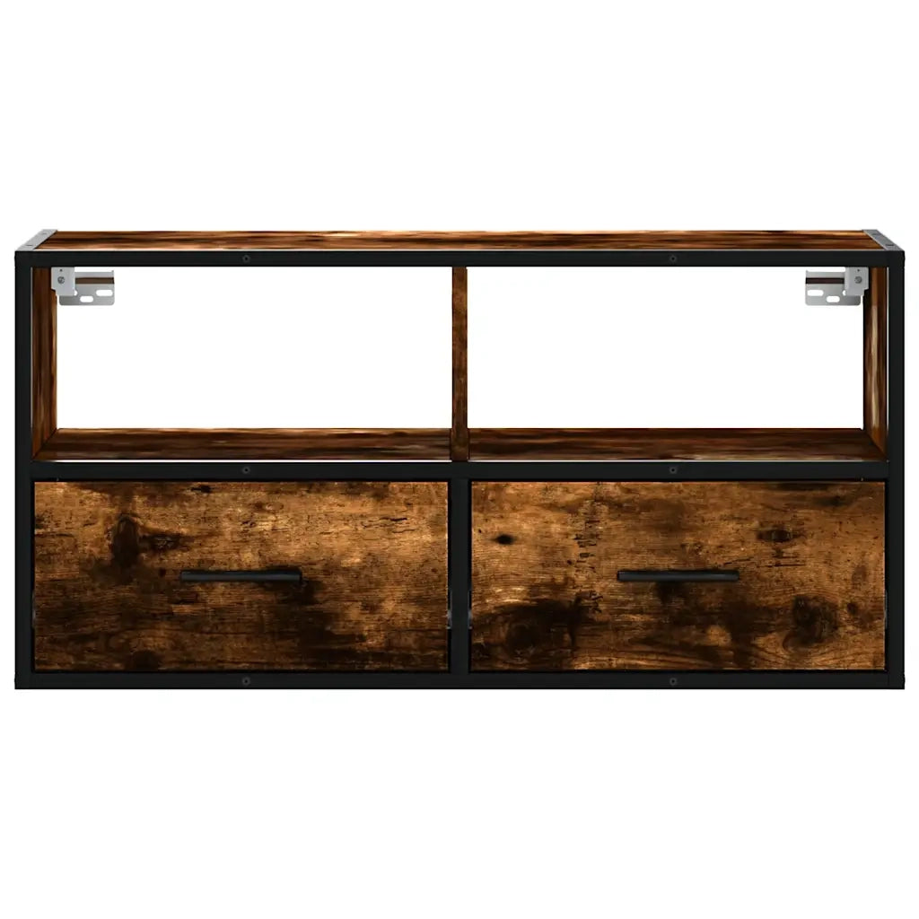 Mobile TV a parete dal design industriale dimensioni 80 x 31 x 39,5 cm con ampio vano contenitore in legno di rovere affumicato. Codice articolo: 02_0049627.