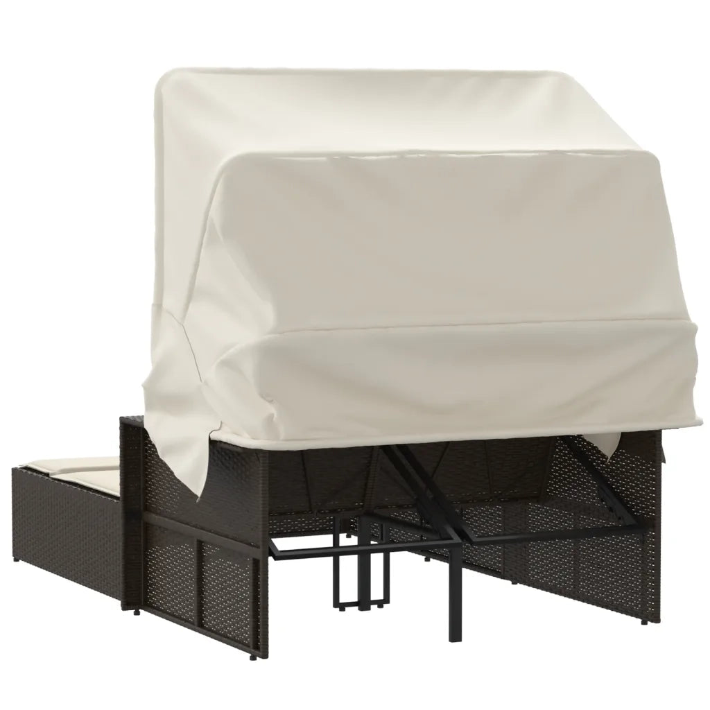 Lettino Doppio con Baldacchino e Cuscini Marrone in Polyrattan 365808