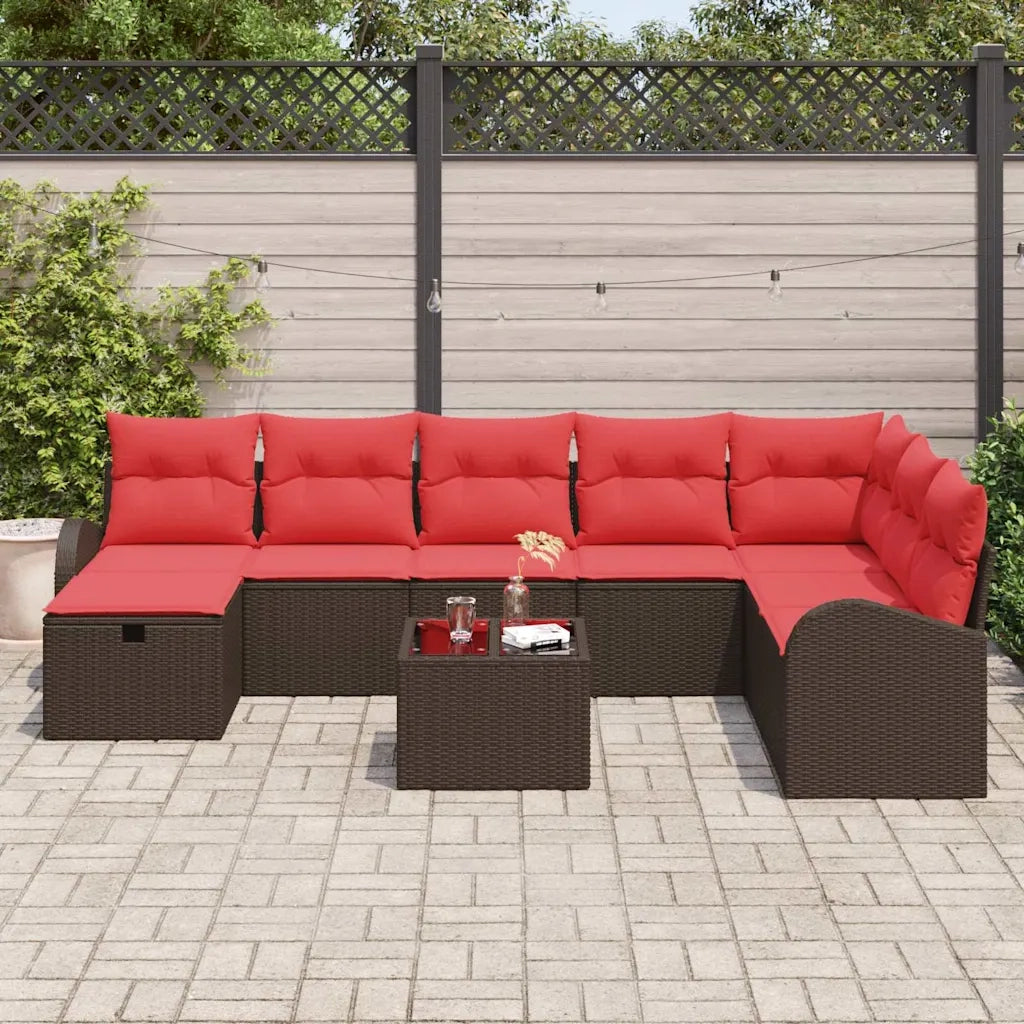 Set Divano da Giardino con cuscino 9 pcs Marrone Poly Rattan