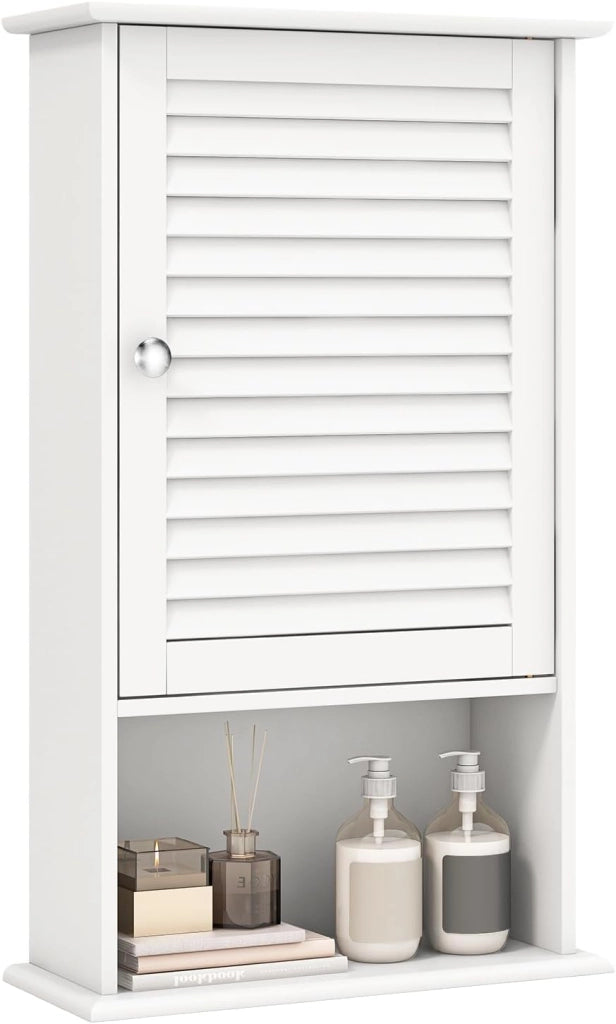 Armadio da Bagno a Parete con Porta, 2 Ripiani Regolabili e Scomparto Aperto, Armadio in Legno a 3 Livelli, Mobile Multiuso per il Bagno, Cucina, Ingresso, 42x17x70 cm (Bianco)