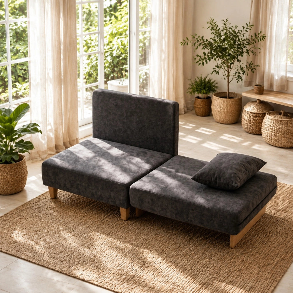 Poltrona letto 2 in 1 grigio scuro con tasche laterali e 2 cuscini