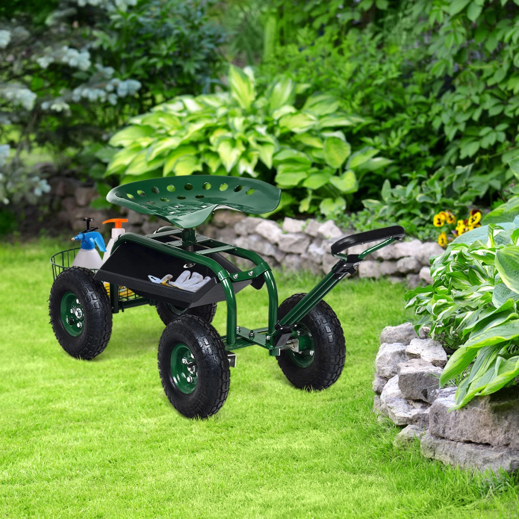Carrello da giardino maneggevole con manico estensibile cesto portaoggetti, Sedile da lavoro rotolante Altezza 48-53cm