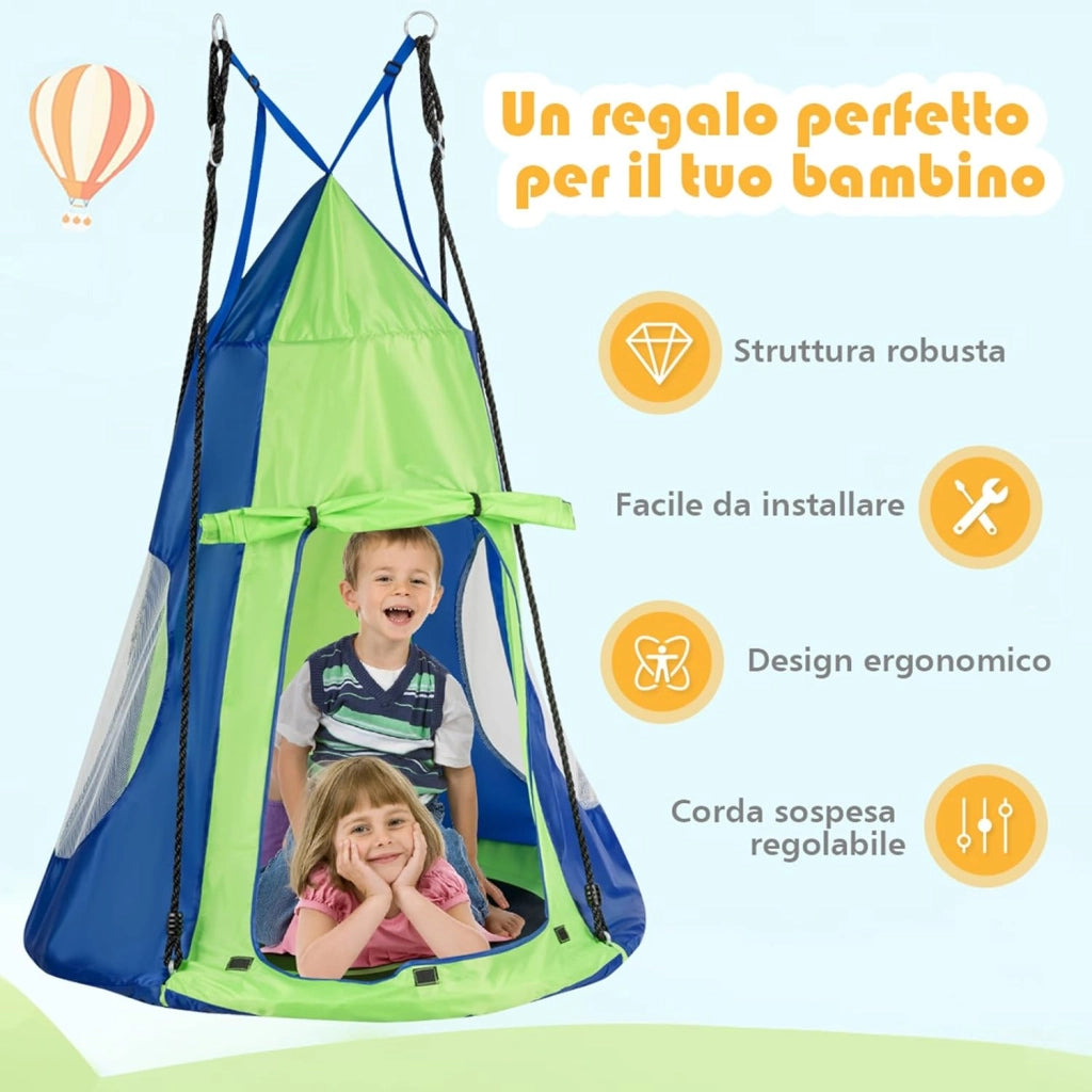 Tenda Altalena da Giardino, Altalena con Tenda da Gioco, 100 x 100 x 132 cm (Blu-Verde)
