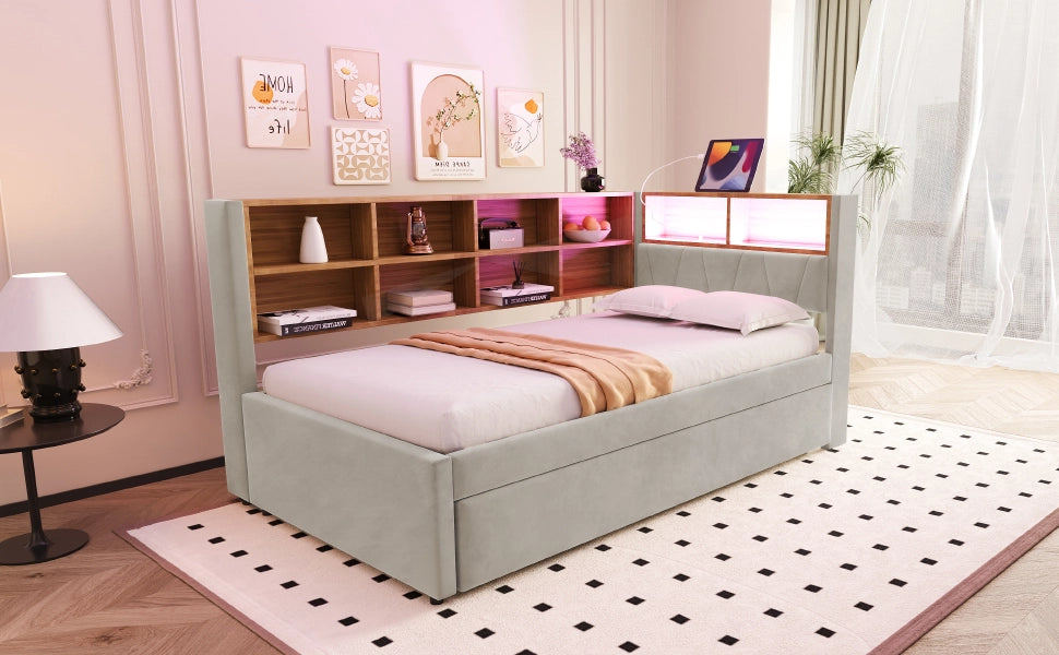DESMIU Divano letto 90 × 200 cm con letto estraibile 90 × 190 cm, LED, USB, Type C e presa, senza materasso, grigio chiaro