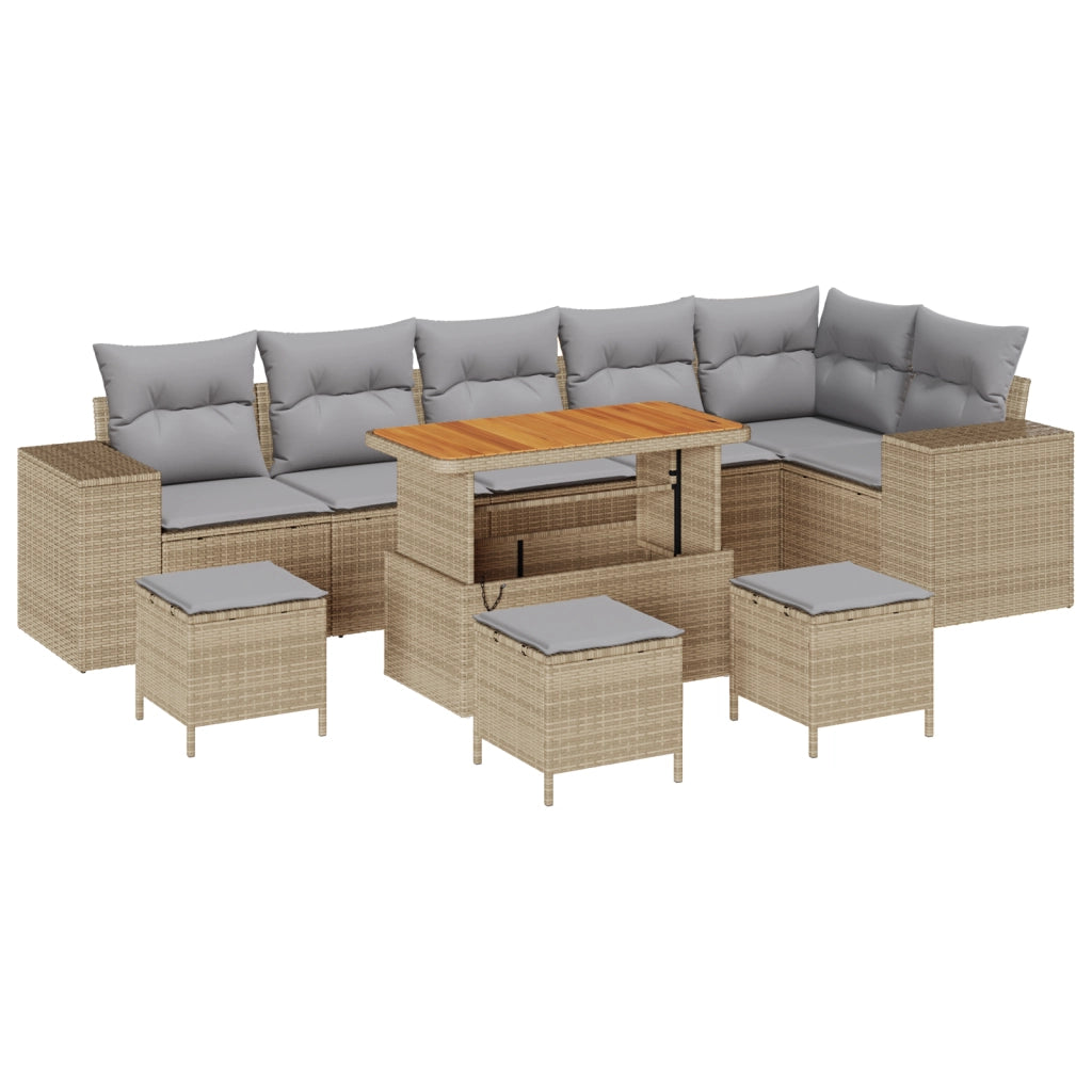 Set di Divani da Giardino in Polyrattan Beige 10 pezzi con Cuscini di