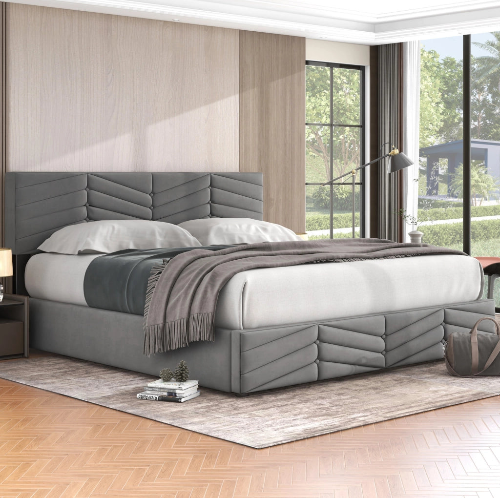 Letto matrimoniale imbottito 180x200 cm in velluto grigio con testiera regolabile e contenitore