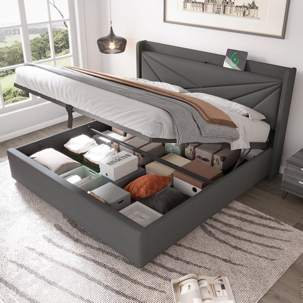Letto matrimoniale contenitore 180x200 cm grigio con testiera USB e Type-C