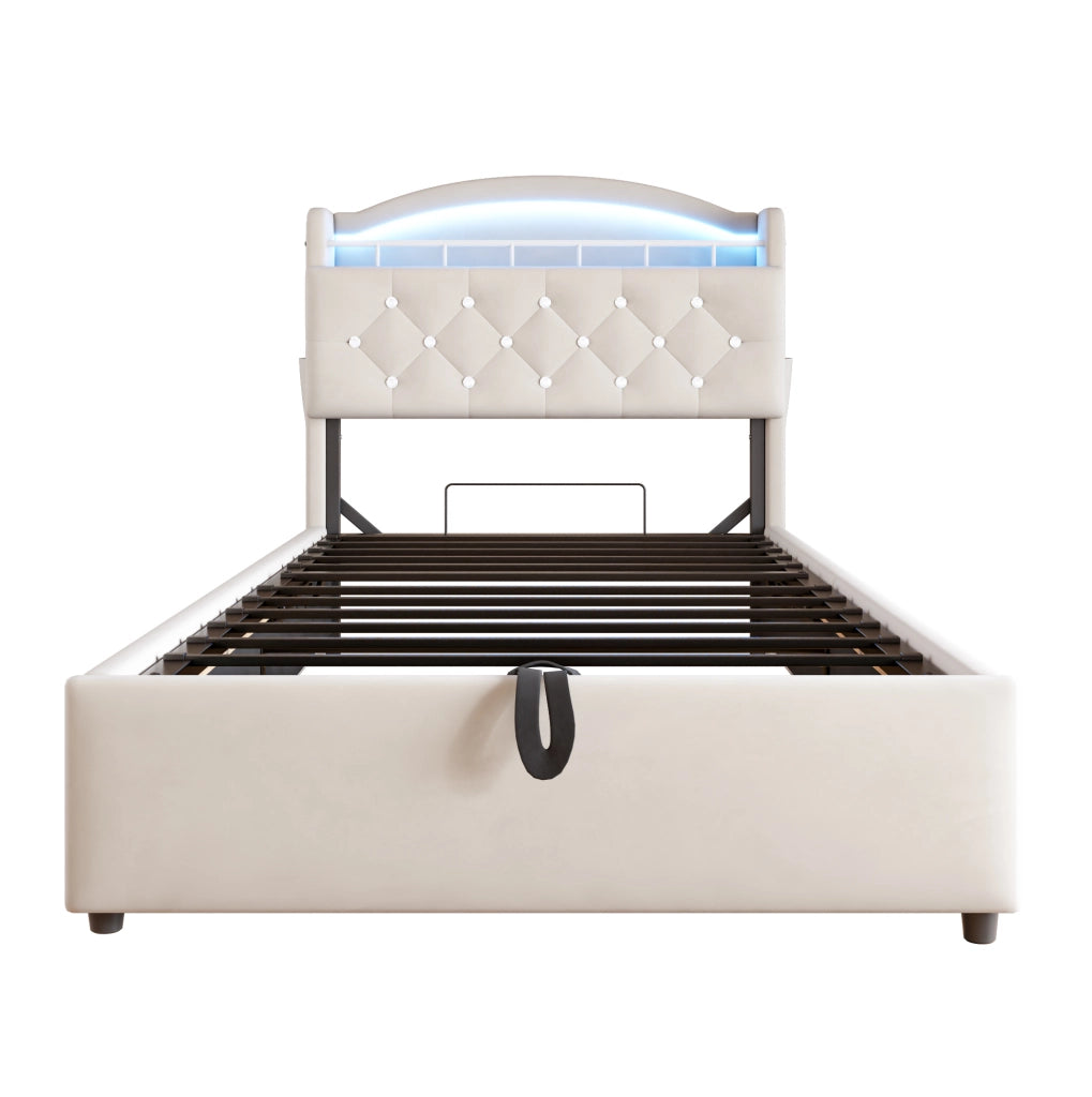 Letto singolo imbottito ULEVR 90x200 cm con contenitore a gas, LED, USB e Type-C, velluto beige