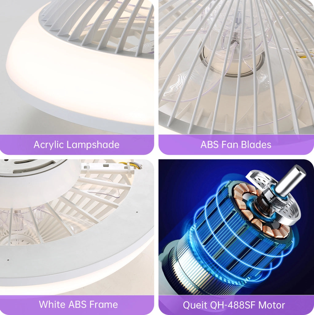 Ventilatore da soffitto 38 cm con luce LED RGB dimmerabile e telecomando, pale trasparenti ABS, silenzioso, timer integrato