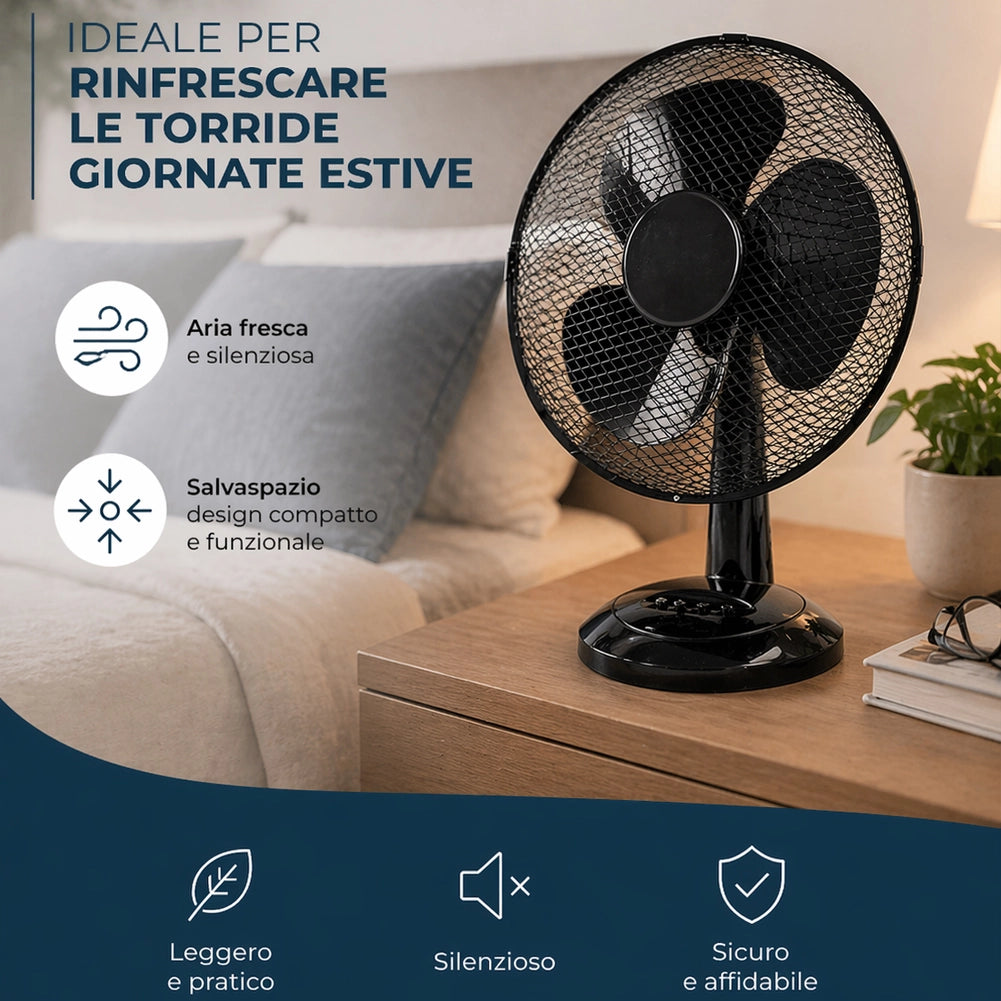 Ventilatore da Tavolo Diametro 30cm Potenza 35W Nero con 3 Velocità Silenzioso
