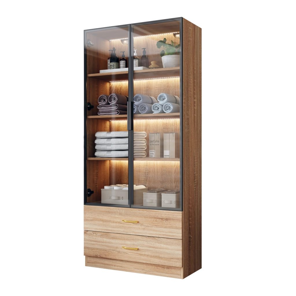 Mobile da bagno con vani aperti e anta in vetro - in MDF - 75×34.5×170 cm - marrone