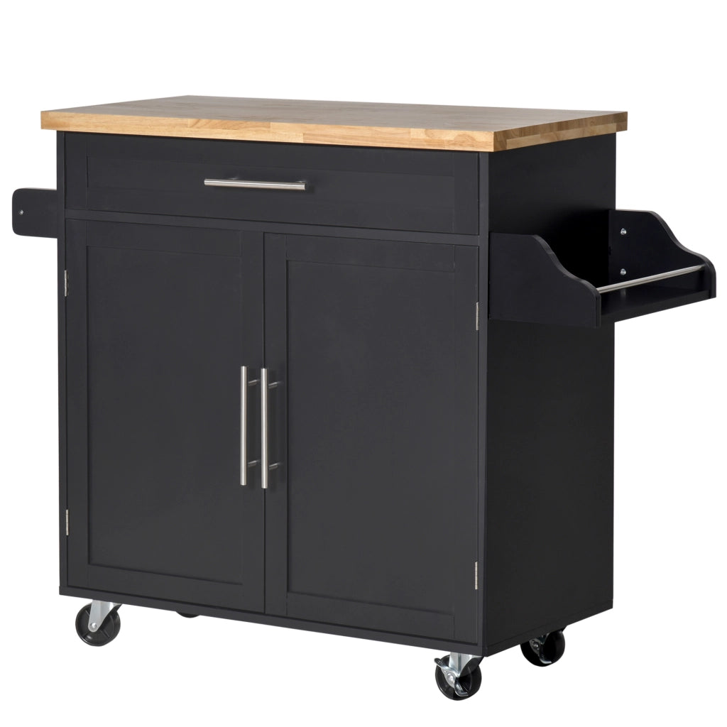 Carrello da Cucina Multiuso con Cassetto, Ruote, Portaspezie e Armadietto, Mobiletto Cucina con Ripiano Regolabile, Portasciugamani e Piano in Legno di Caucci¨´, 109x40x89 cm, Nero