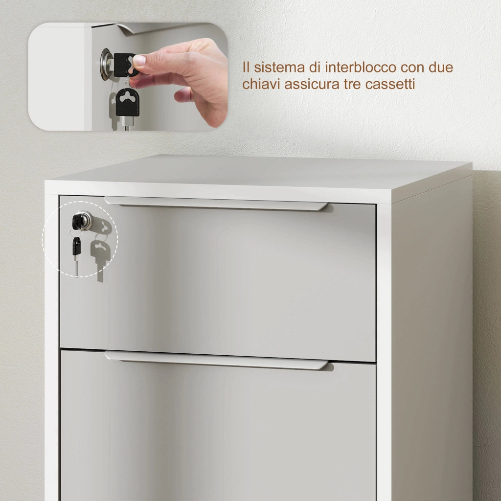 Cassettiera per Ufficio a 3 Cassetti con Chiave e Ruote ¨C Zephmum ¨C Legno, Bianco e Grigio, 40x40x63.5 cm
