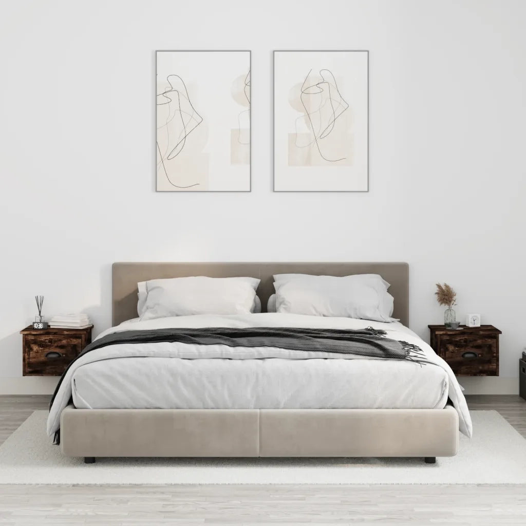 Set di 2 Comodini | Armadio da Notte | Mobiletto da notte a Parete Rovere Fumo 41,5x36x28 cm