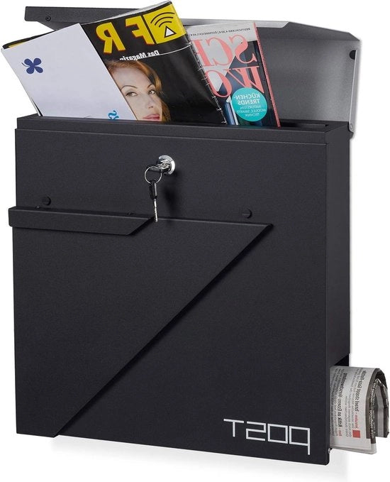 Cassa postale chiusura con rullo per giornali - Formato DIN A4 - Design cassa postale - 37 x 37 x 13 cm - Nero argento - Acciaio verniciato - Standard
