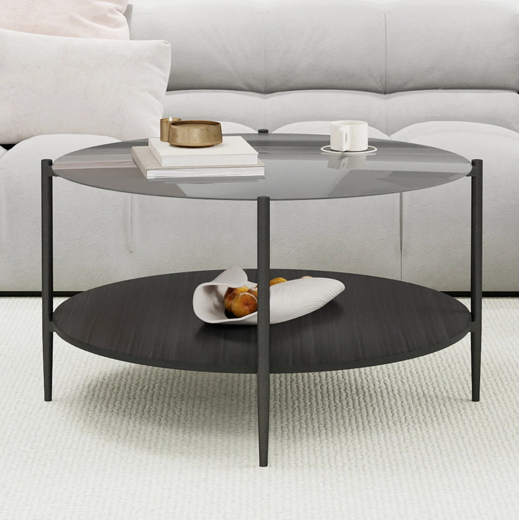 Tavolino da caffè rotondo 2 ripiani vetro nero Ø82 cm