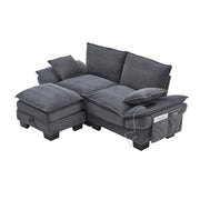 Divano lineare 2 posti con pouf e tasche laterali per soggiorno in corduroy grigio scuro