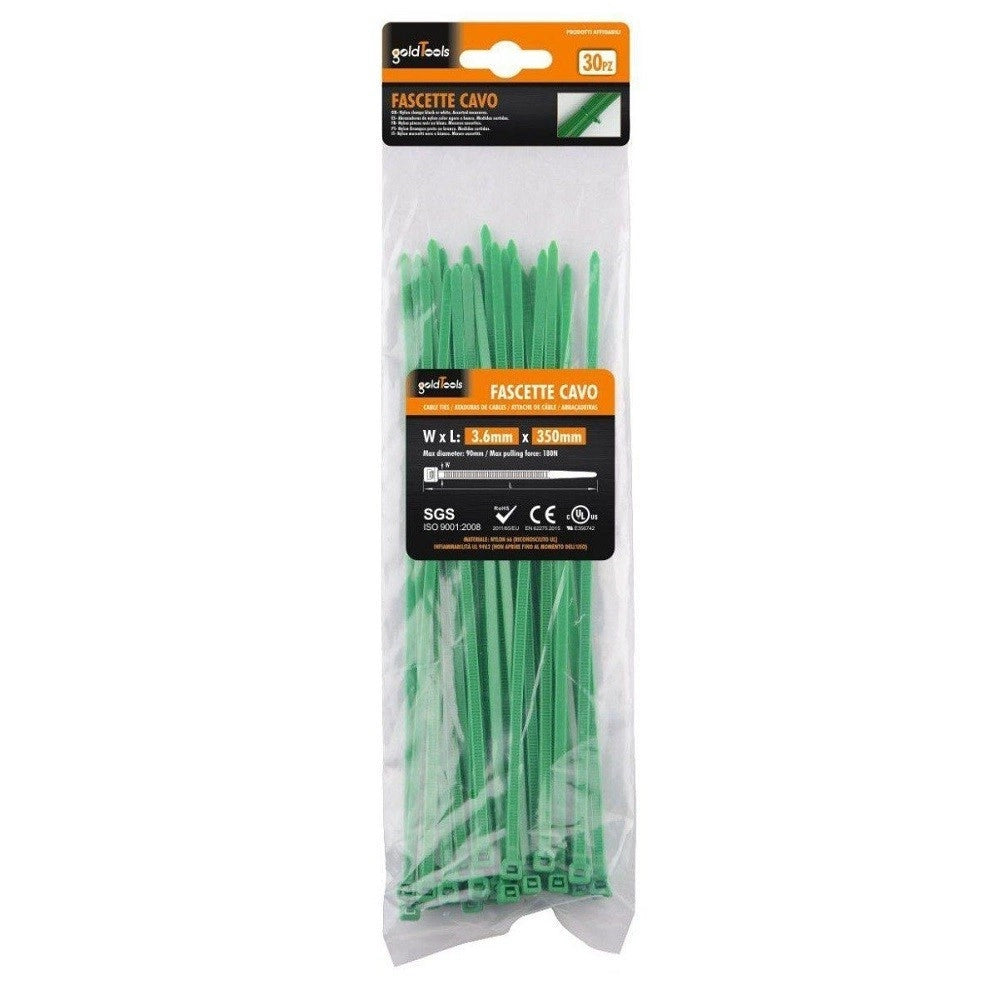 Trade Shop - Set 30 Pz Fascette Cavi Cavo Verde Stringenti In Plastica Nylon 3.6x350 Mm 92398 -