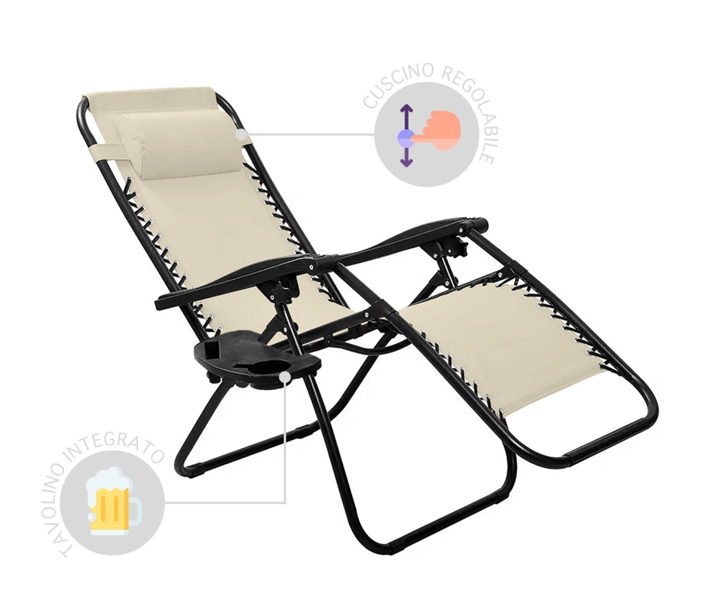 Sedia A Gravità Zero Gravity Sdraio Reclinabile Pieghevole Con Poggiatesta Set Beige1