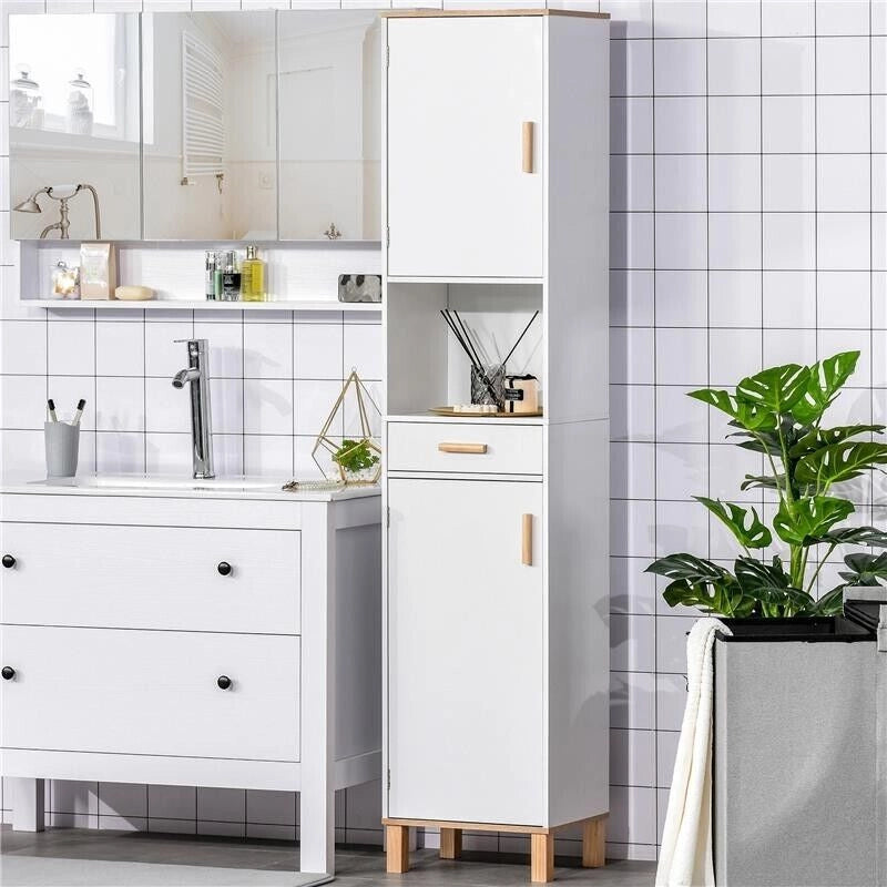 MOBILE SALVASPAZIO BAGNO IN LEGNO BIANCO, MOBILE A COLONNA CON ARMADIETTI E CASSETTO 39X30X180CM