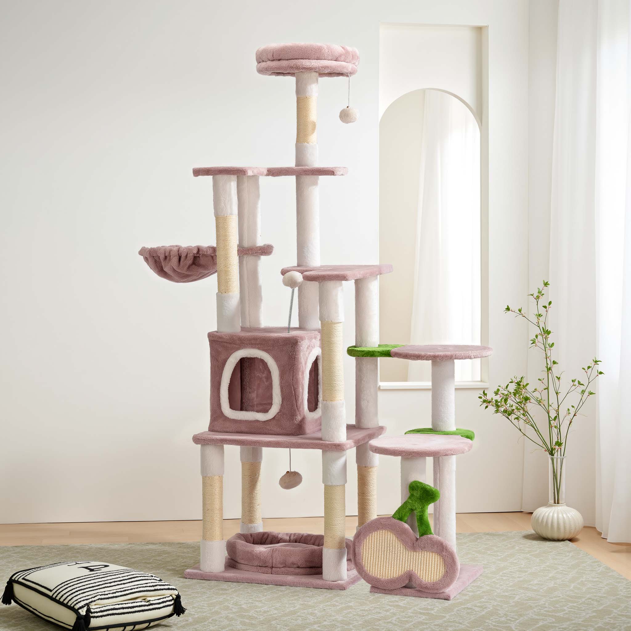 Fudajo Albero tiragraffi Ciliegia 162cm Rosa Con sisal, casetta per gatti e cucce
