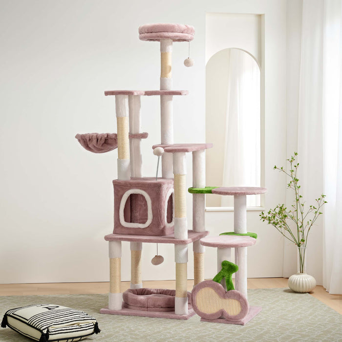 Fudajo Albero tiragraffi Ciliegia 162cm Rosa Con sisal, casetta per gatti e cucce