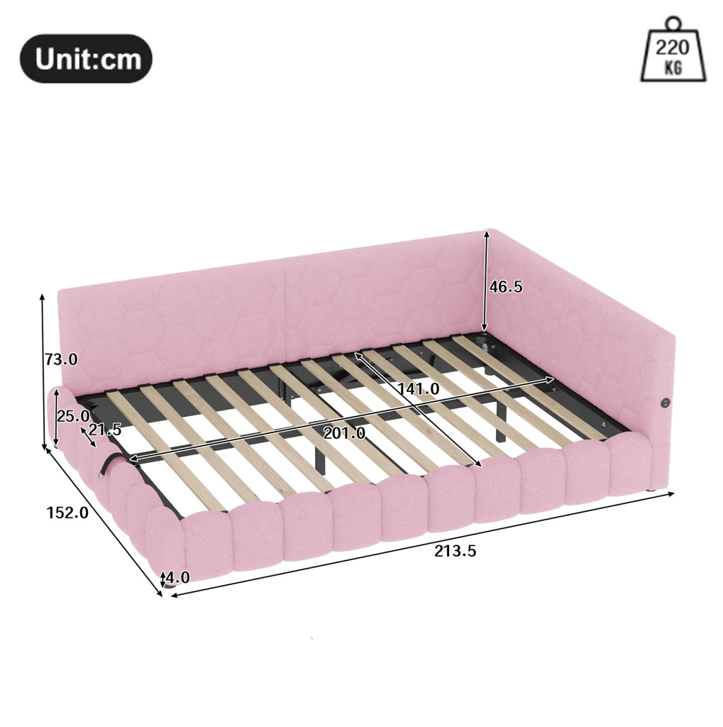 Letto daybed 140x200 cm con contenitore; LED; USB e Type-C; rosa