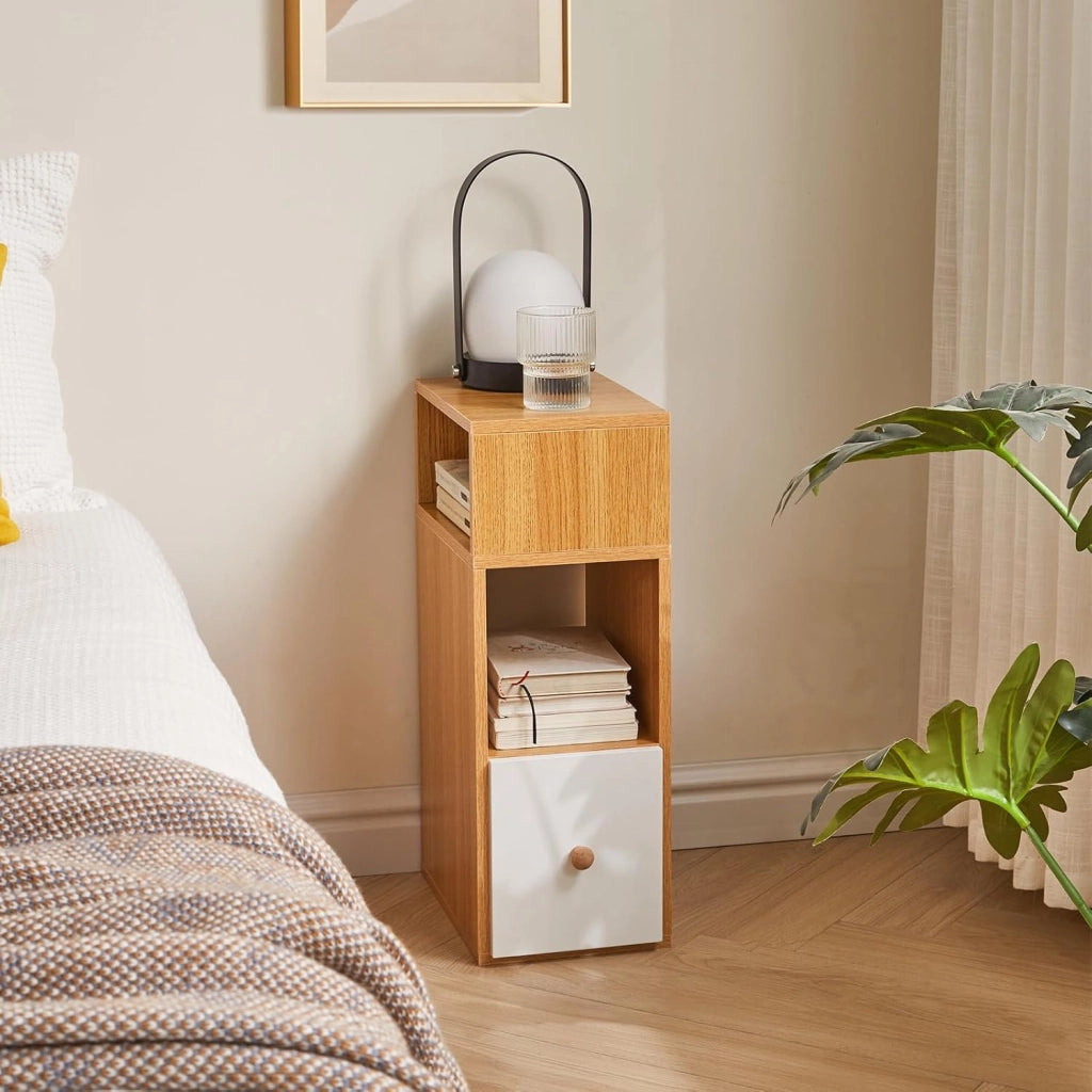 Set di 2 comodini sottili e stretti, con 2 scomparti aperti e 1 cassetto, salvaspazio, tavolini laterali in legno per camera da letto e soggiorno, naturale WNS006N-2
