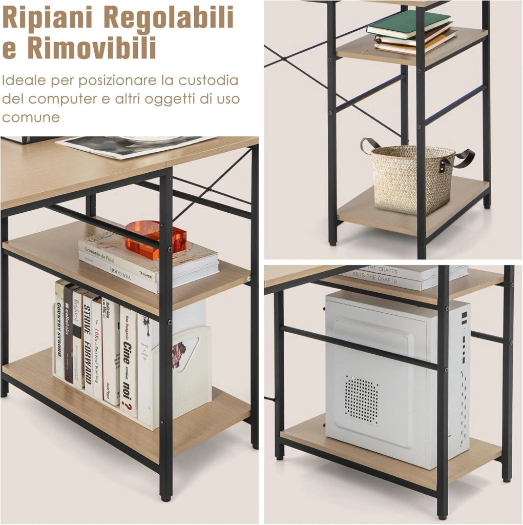 Scrivania Angolare per Computer con Supporto per Monitor, Scrivania Porta PC in Legno, Scrivania Salvaspazio e Moderna per Ufficio e Studio, 242 x 60 x 75 cm (Naturale)
