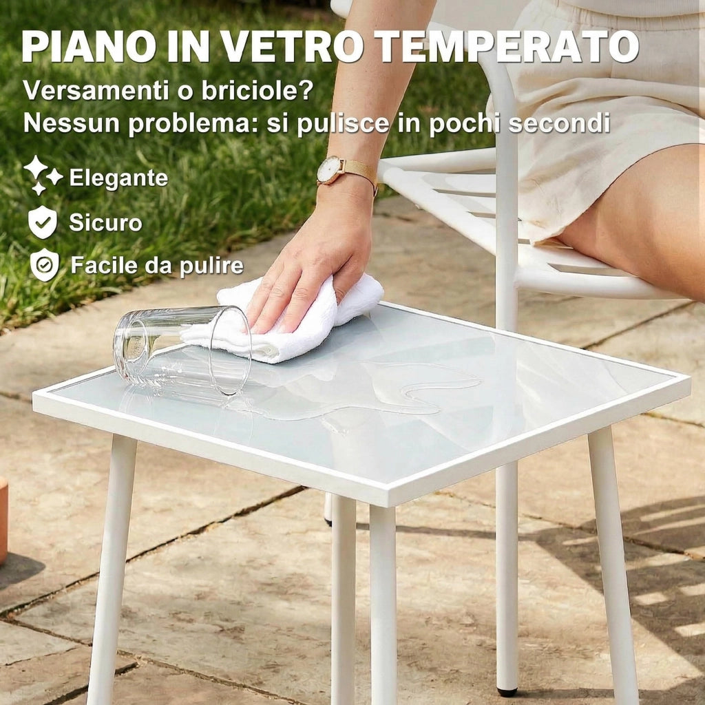 Set Bistr¨° 3 pezzi: tavolino in vetro e 2 sedie, arredo esterno bianco.
