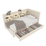 Letto singolo 90×200 cm con 2 cassetti; USB; Type-C e ripiani; senza materasso; lino; beige