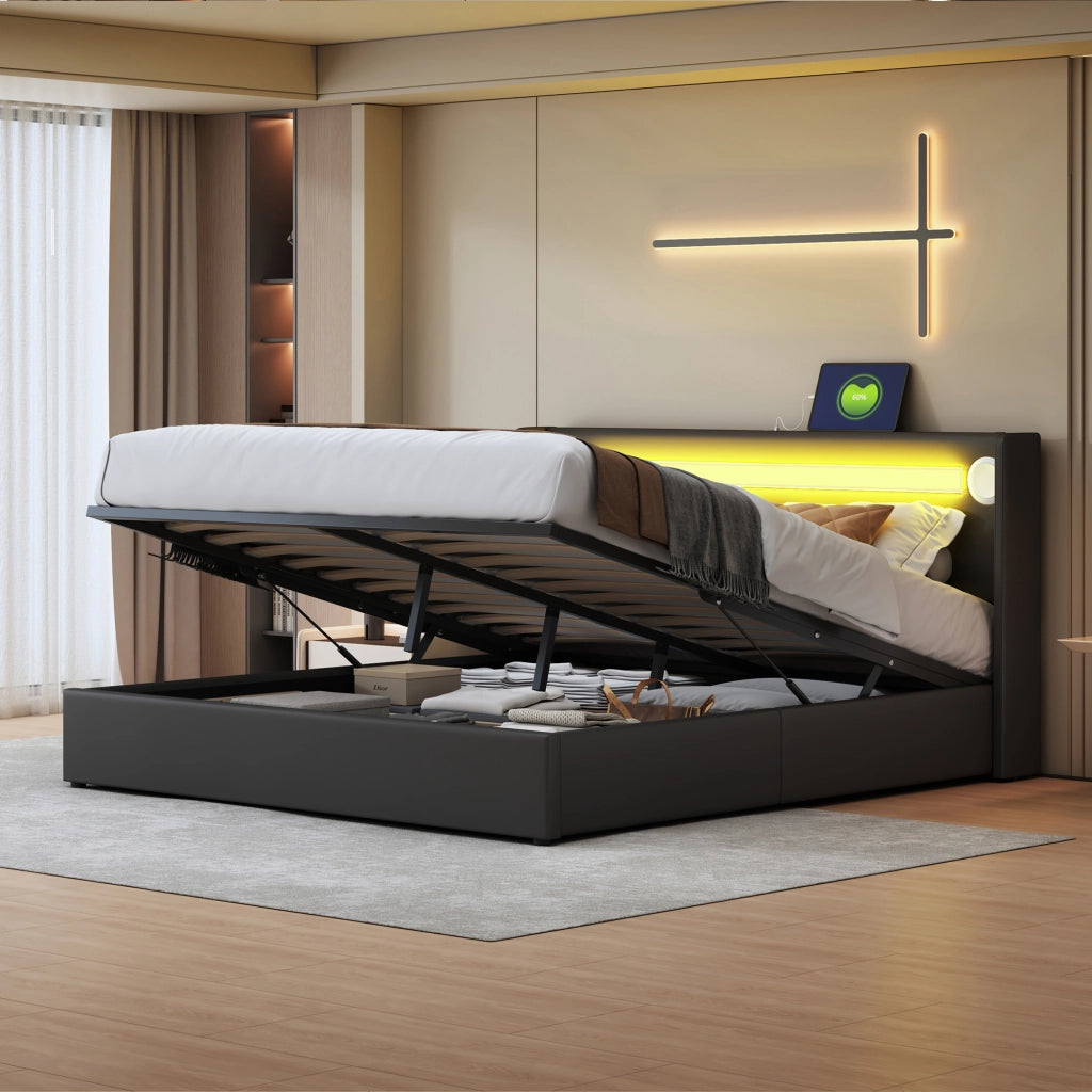 Letto imbottito nero con funzione LED bluetooth e ricarica USB in pelle sintetica 160x200 cm