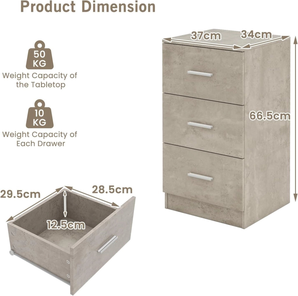 Comodino con 3 cassetti, comodino in legno, tavolino piccolo, cassettiera per camera da letto, ufficio, 37 x 34 x 66,5 cm (1, grigio)