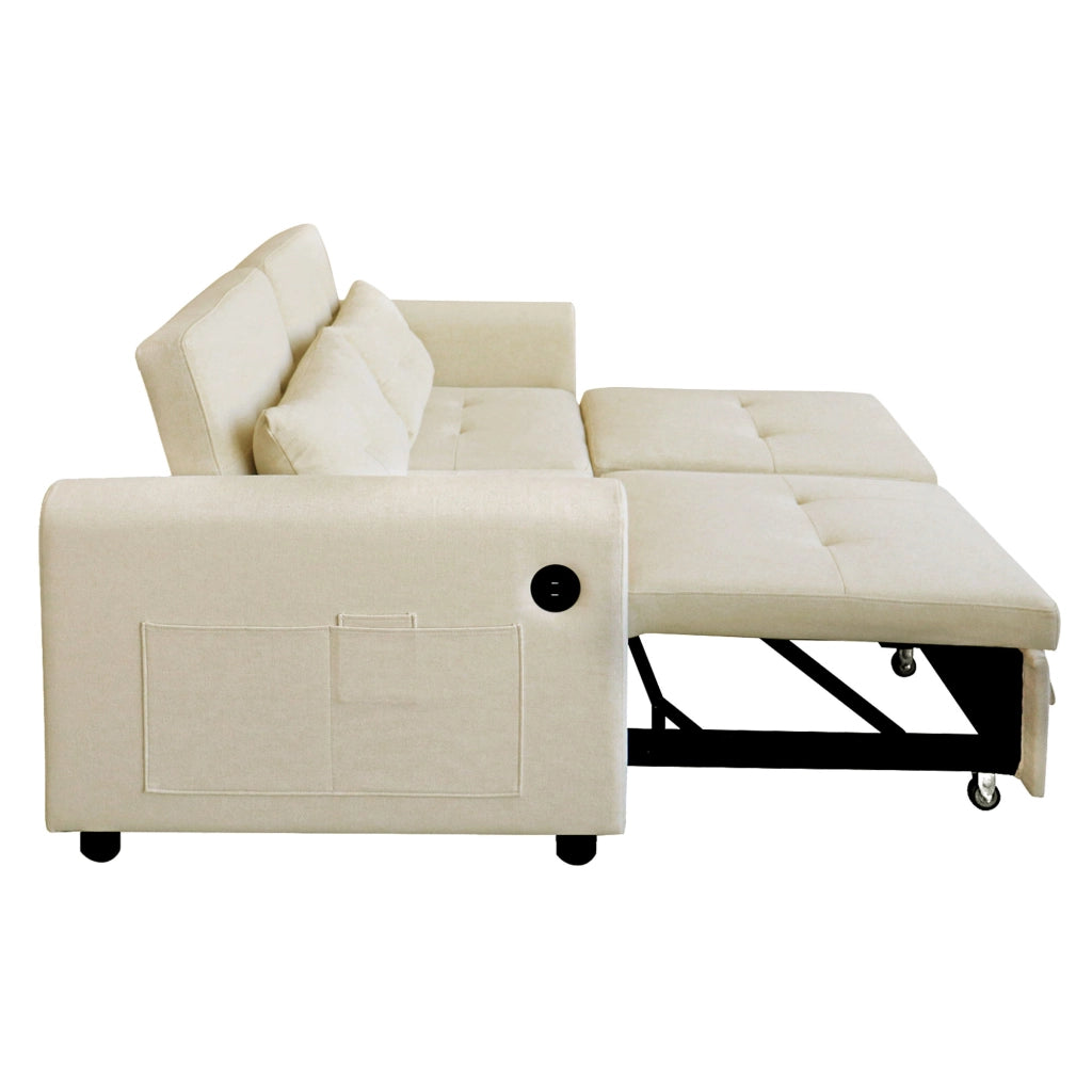 Divano Letto 2 Posti 3 in 1 Trasformabile 142 cm con Schienale Regolabile; USB e Tasche; Lino Beige