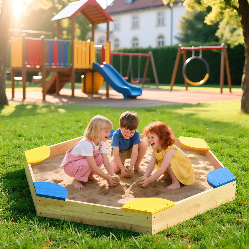 Sabbiera esagonale in legno combo piscina di sabbia e fioriera aperta con 6 sedili comodi, Sabbiera per bambini 3+ anni