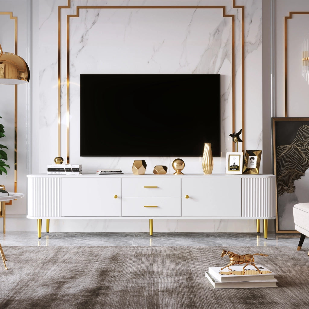 Mobile TV con 2 Ante e 2 Cassetti; Angoli Arrotondati; Fianchi Ondulati; Gambe Dorate; in MDF; Bianco; 170??34??45 cm