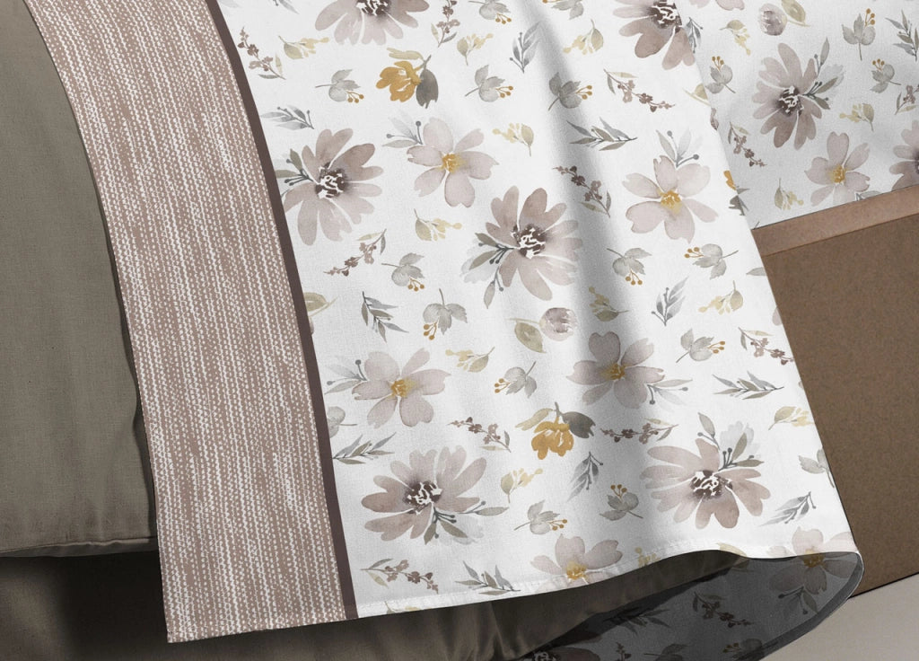 Completo Lenzuola Letto Flanella Calda 100% Cotone Disegno Fiori 8284 - Matrimoniale - Beige