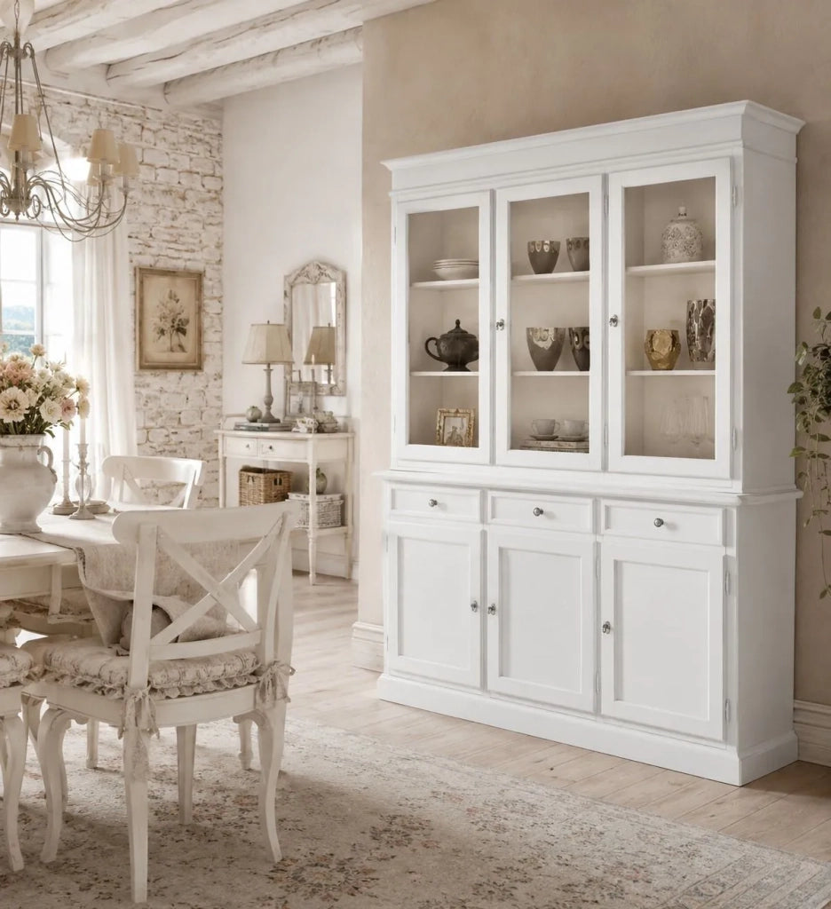 Cristalliera 3 porte in legno arte povera bianco sporco 155x42x203 - Mobili 2G