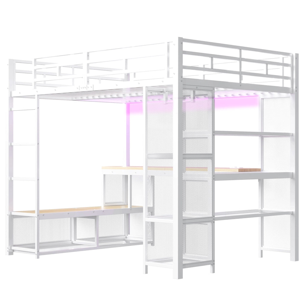 Letto a soppalco 140x200 cm con scrivania; LED e armadio aperto in metallo e MDF bianco