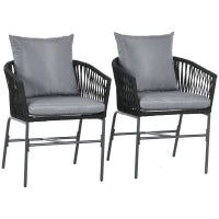 Sedie da Esterno, Set da 2, Design Boho, Cuscini per Seduta e Schienale, Seduta Comoda, Telaio in Metallo, Nero