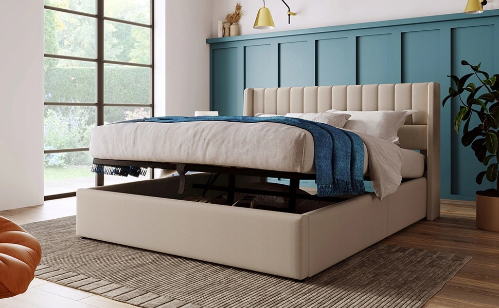 Letto matrimoniale con idraulica - Xylo - 160x200 - Beige - Tessuto di lino con materasso