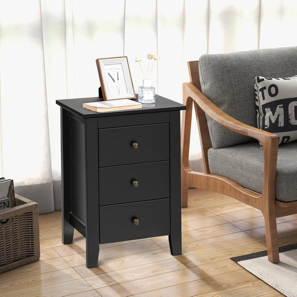 Set di 2 comodini, 3 cassetti, tavolino in legno, comodino per camera da letto, tavolino da caffè, 46 x 37 x 65 cm, colore nero