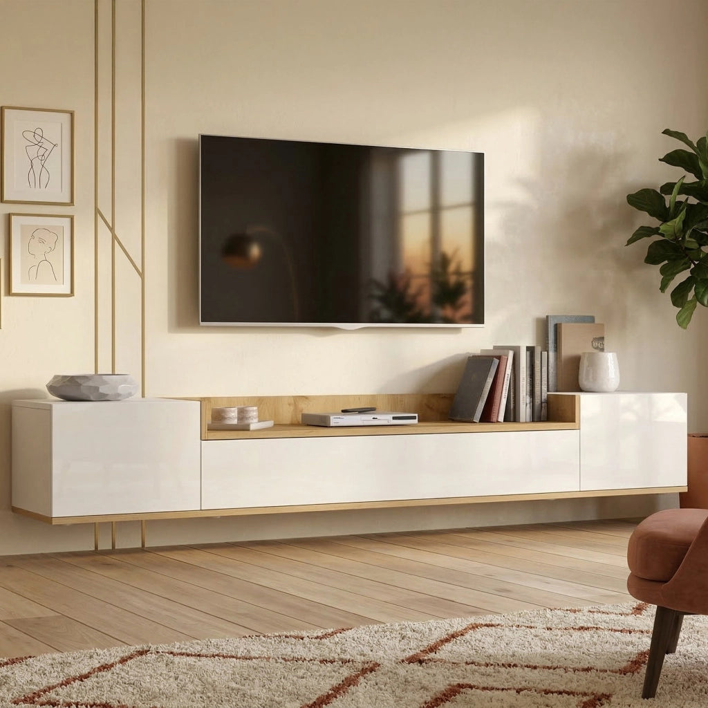 Oxanna, Mobile Porta tv 3 Ripiani Made in Italy, 200x35x30h cm Bianco Lucido
