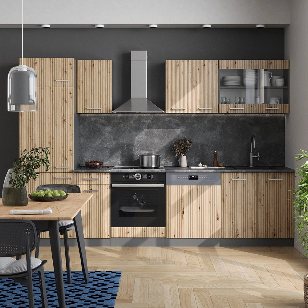 Cucina componibile R-Line Rovere artigianale/Antracite 300 cm, PL Marmo Vicco